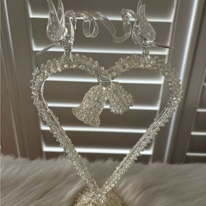 Elegant hand blown Glass Heart with Birds and Bells cake topper